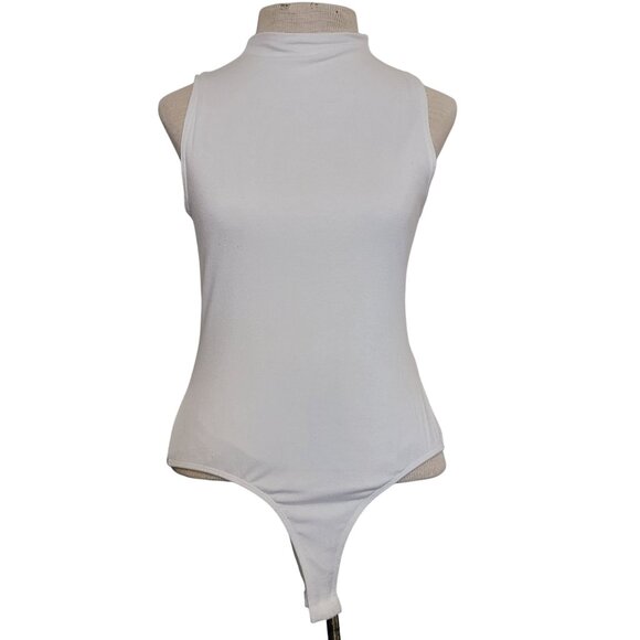 Sleeveless Bodysuite High Neck White Medium Layering Minimalist Preppy - Picture 1 of 10